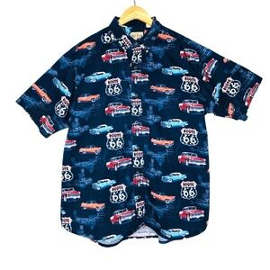 Red Head Hawaiian Aloha Route 66 Classic Car Print Button Up Short Sleeve Shirt